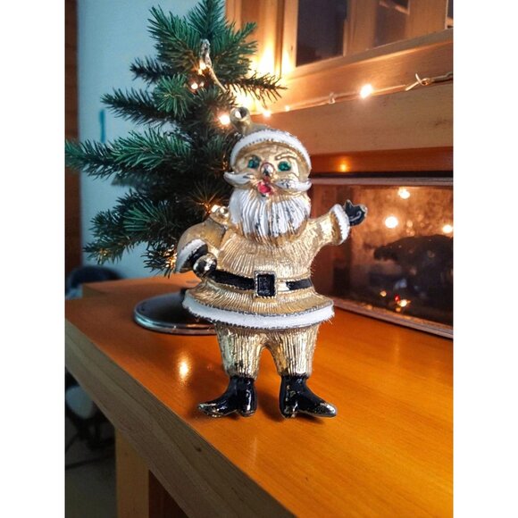 Vintage 1950s-1960s Gold-Tone Santa Claus Enamel Rhinestone Brooch Pin - Picture 2 of 5